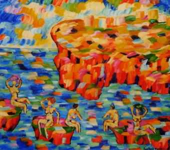 5 Badende vor der Steinbucht am Dorf - 100cm x 90cm