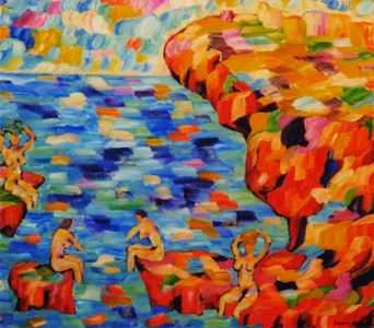 4 Badende vor der Steinbucht am Dorf - 100cm x 90cm