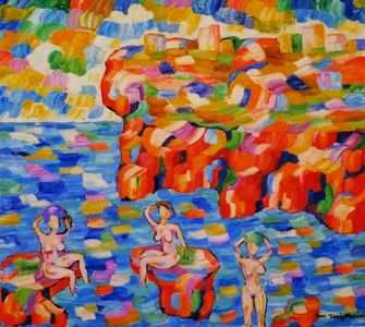 3 Badende vor der Steinbucht am Dorf - 95cm x 85cm