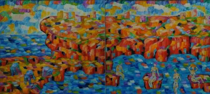 L - Mnner bei der Arbeit, R - Frauen beim Baden - 2 x 100cm x 90cm